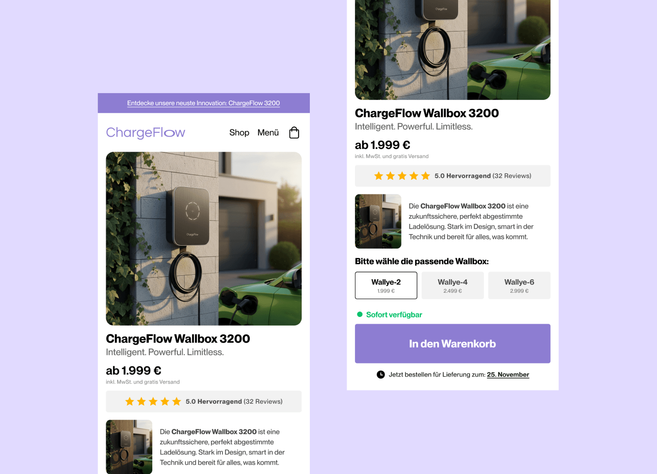 Ein Screenshots einer für Mobilgeräte optimierten Shopify-Produktseite von ChargeFlow als Case Study unserer Shopify-Agentur.
